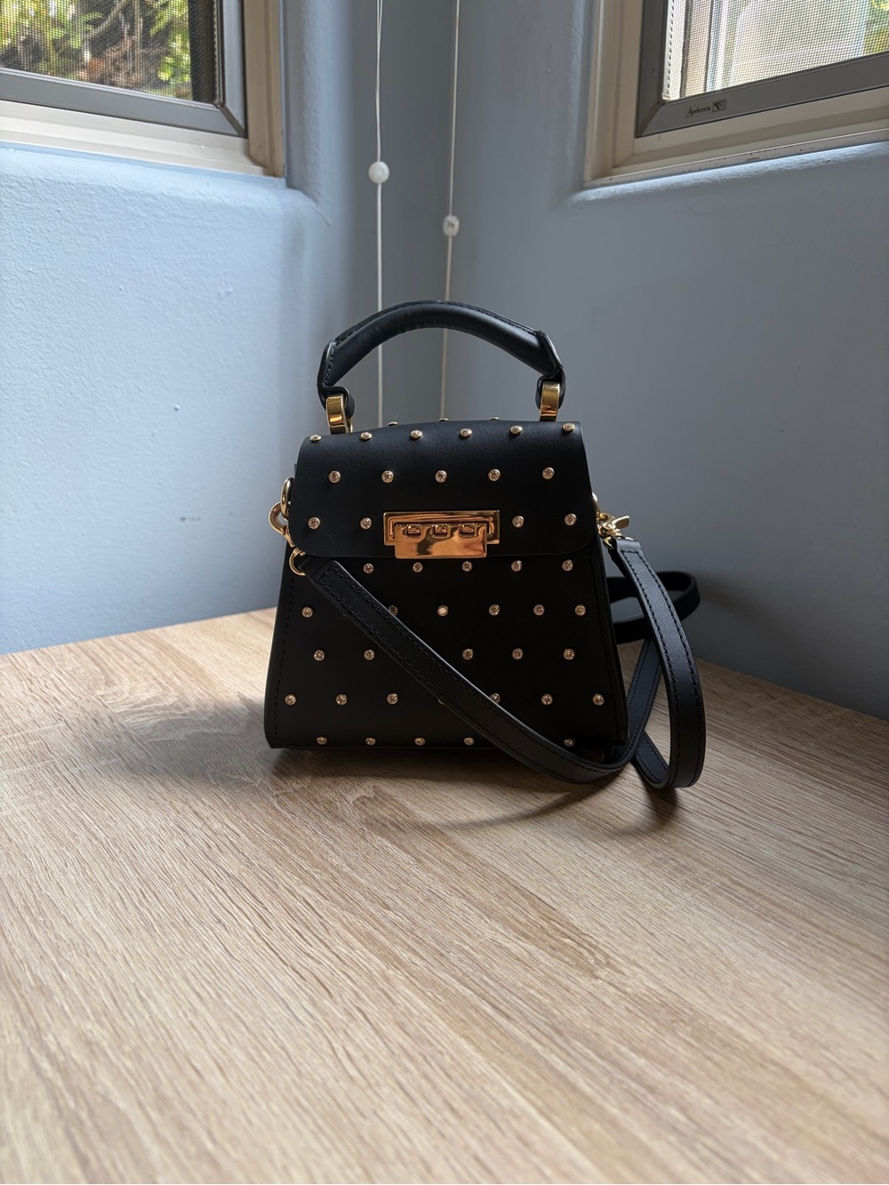 Zac Posen Black Studded Mini Top-Handle Crossbody with Gold Hardware